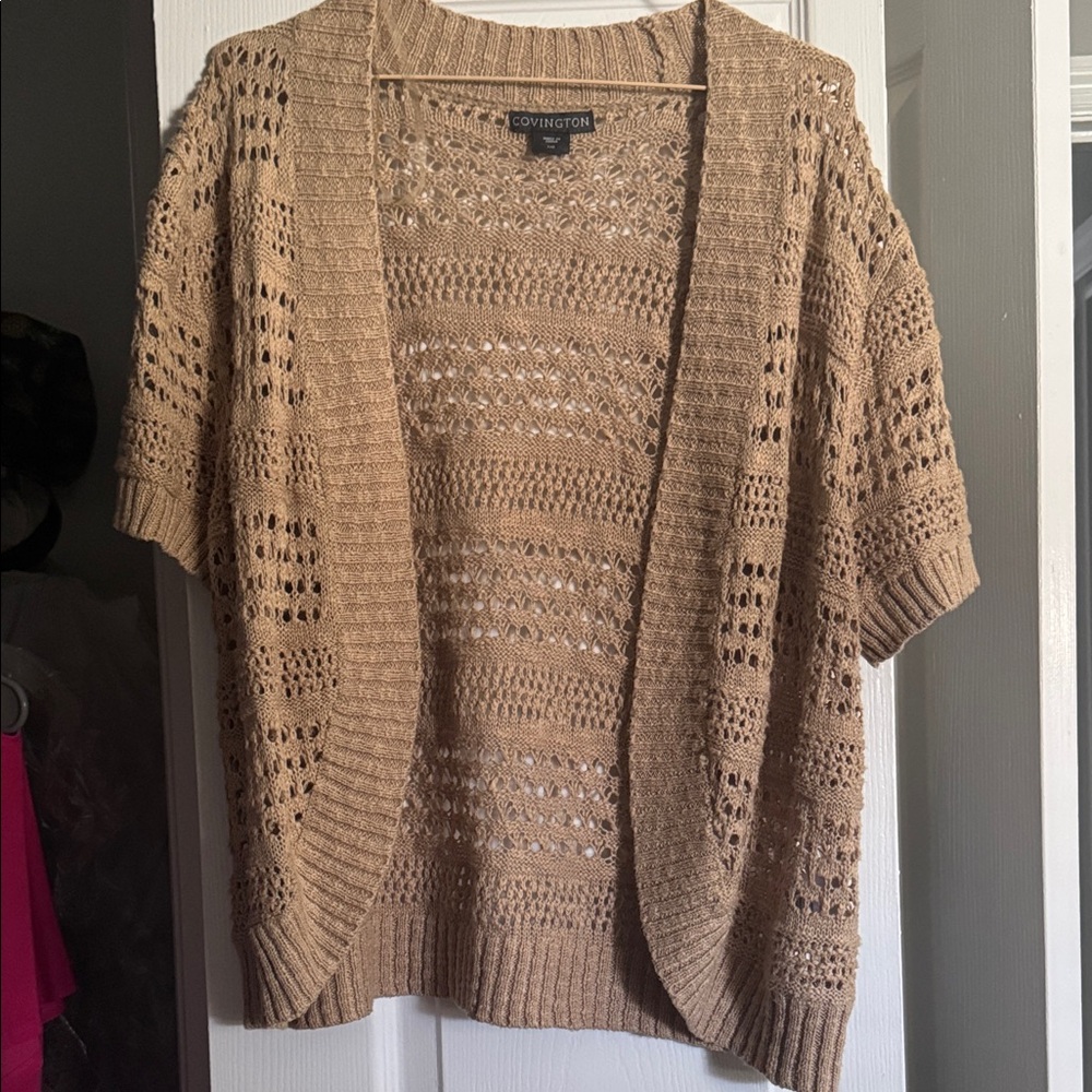 Covington Open Knit Short-Sleeve Cardigan in Tan